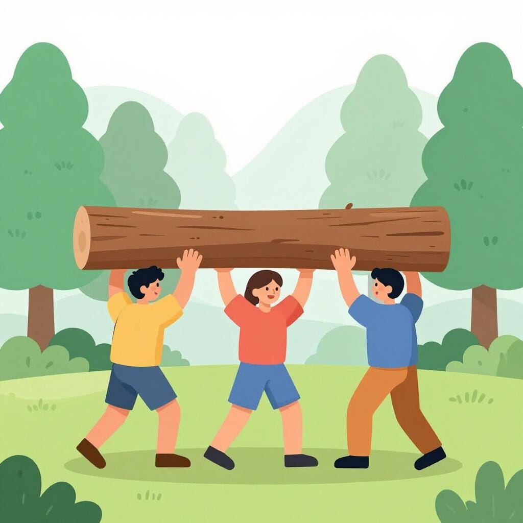A group of three people working together to lift a heavy fallen log off a forest path.