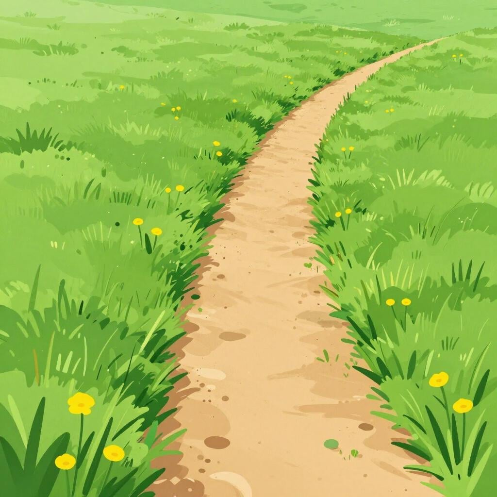 A narrow dirt path winding through a lush green meadow with wildflowers.