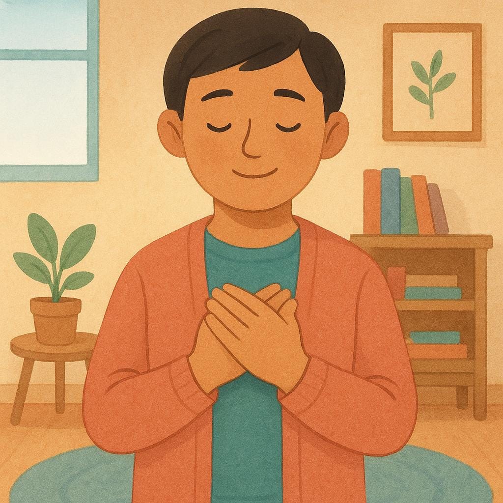 A person with a warm smile holding their hands over their heart in a gesture of sincere gratitude.