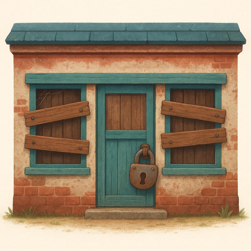 A small, deserted shop storefront with wooden boards nailed across the windows and a heavy, rusty padlock securing the front door, symbolizing permanent business closure.