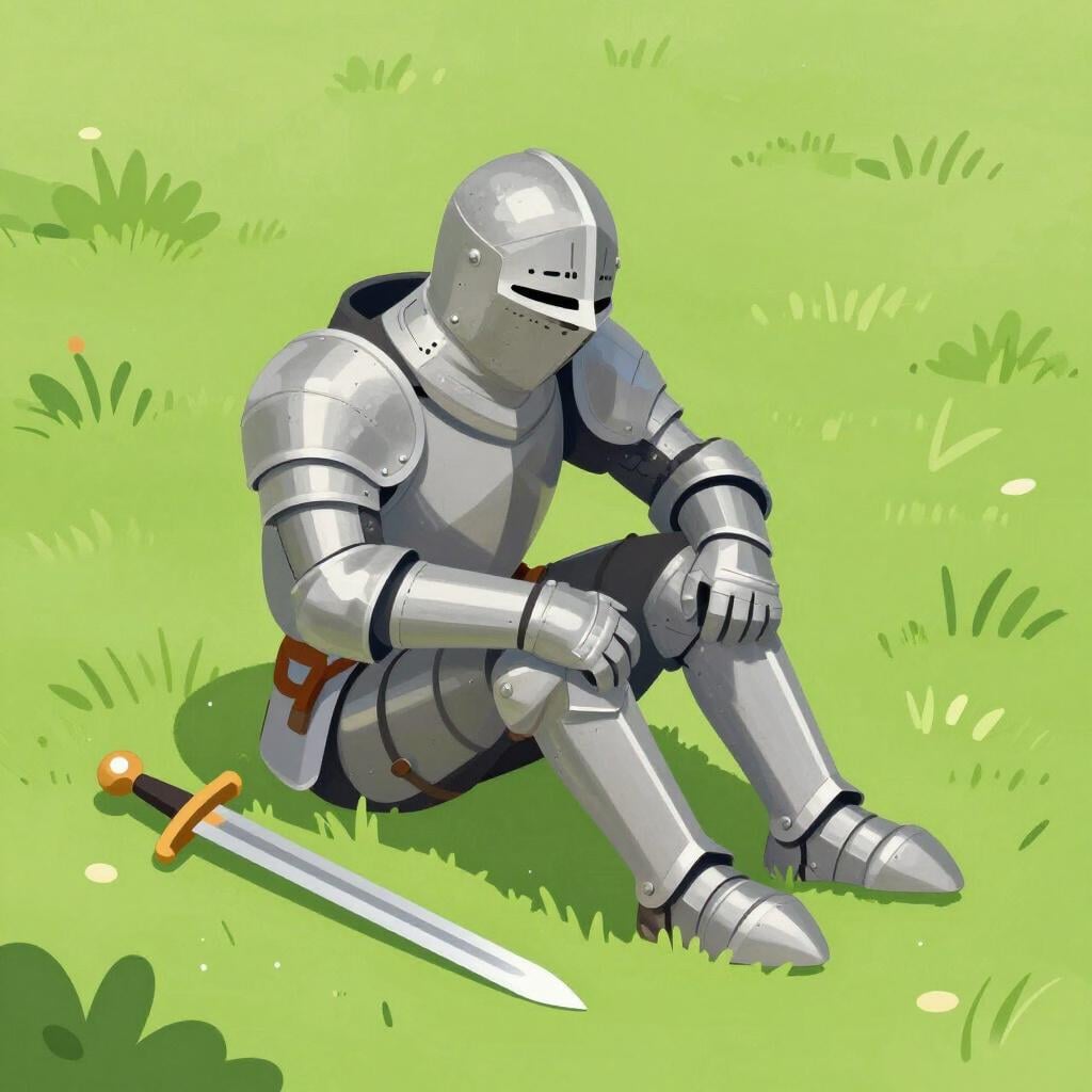 A sad knight sitting on the ground with a broken wooden sword next to him.