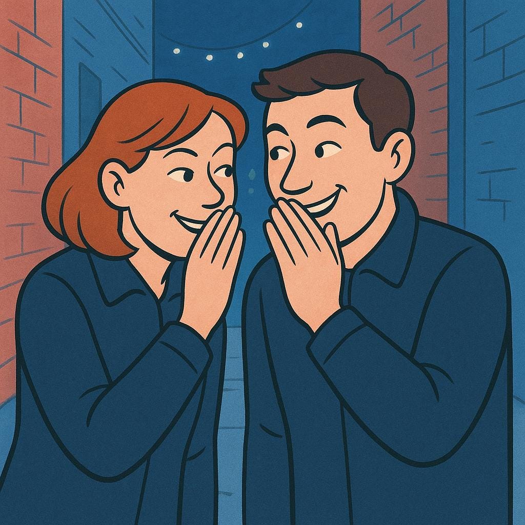 A storybook illustration of two figures in dark jackets leaning in conspiratorially, whispering secrets in a shadowy alleyway.