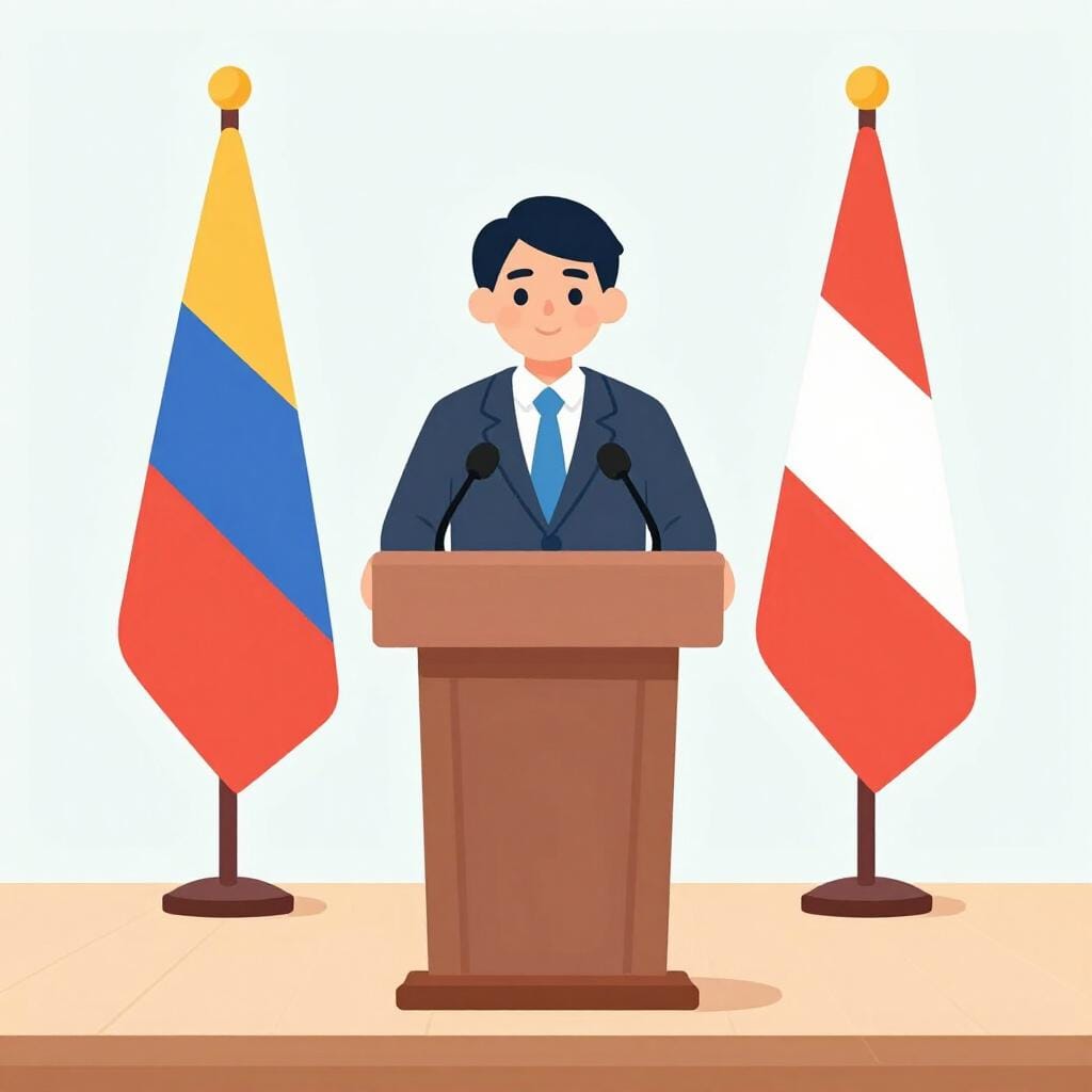 Ein politischer Führer steht zuversichtlich hinter einem hölzernen Podium auf einer Bühne mit Flaggen im Hintergrund.