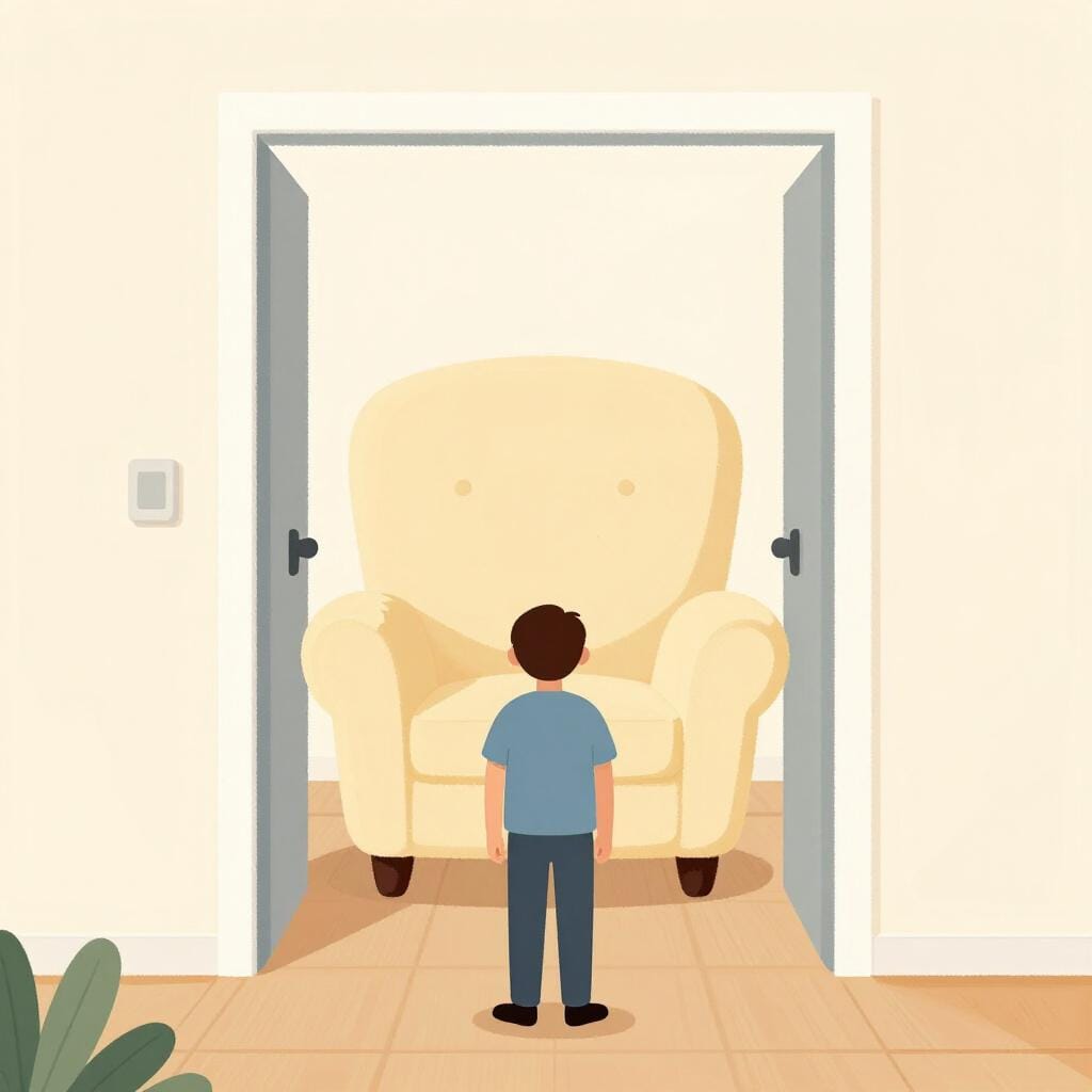 大きなアームチェアがドアの通路を塞いでいる、狭いドアを通り抜けようとする人。