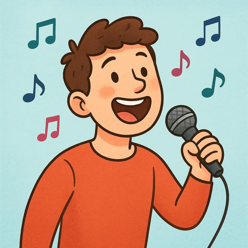 Eine fröhliche Person steht auf einer Bühne und singt laut in ein Mikrofon, umgeben von bunten Musiknoten.