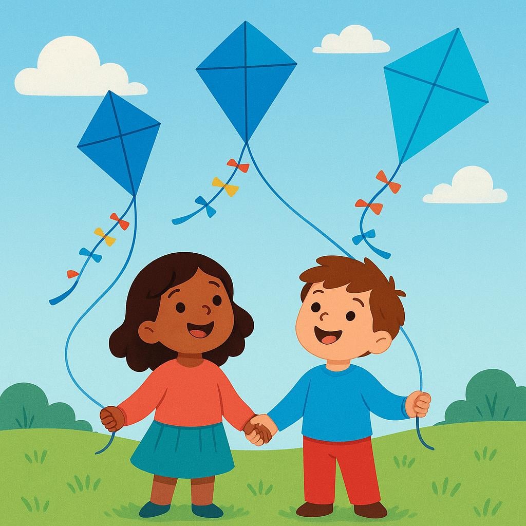 Two smiling children stand together on a sunny day, holding the strings of three brightly colored blue kites flying high in the air.