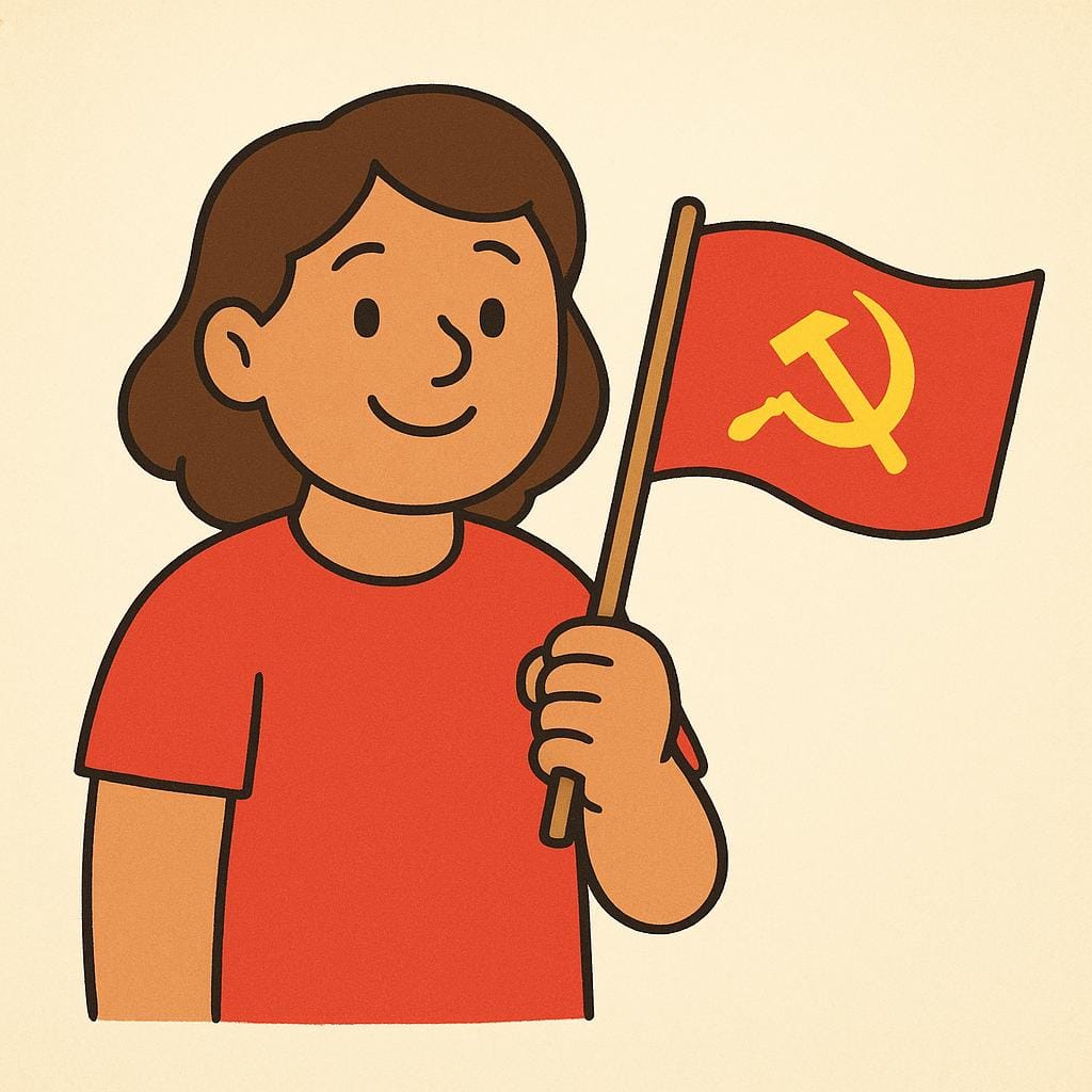 共産主義を支持する人物の、金色の鎌と槌のシンボルが描かれた小さな旗を掲げた、赤いシャツを着た友好的な人物のシンプルな絵本風のイラスト。