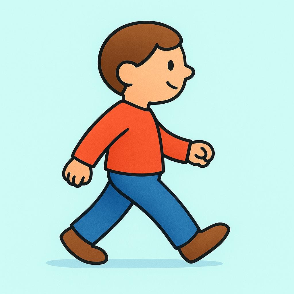 A cheerful, simplified human figure is shown in mid-stride, actively walking across a bright green grassy field, illustrating movement.