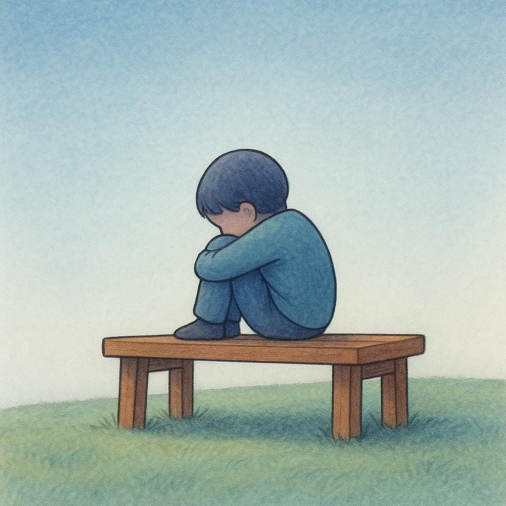 A small, shy character sitting alone on a simple wooden bench, hugging their knees close to their chest and looking away from the viewer, symbolizing a reserved personality.