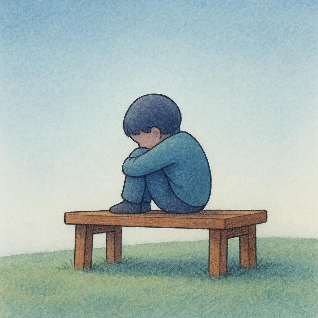 A small, shy character sitting alone on a simple wooden bench, hugging their knees close to their chest and looking away from the viewer, symbolizing a reserved personality.