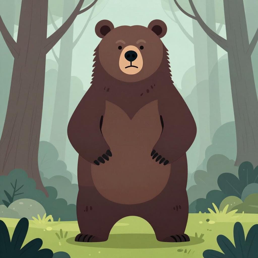 A large, dark-furred bear standing on its hind legs with a powerful posture in a misty forest.