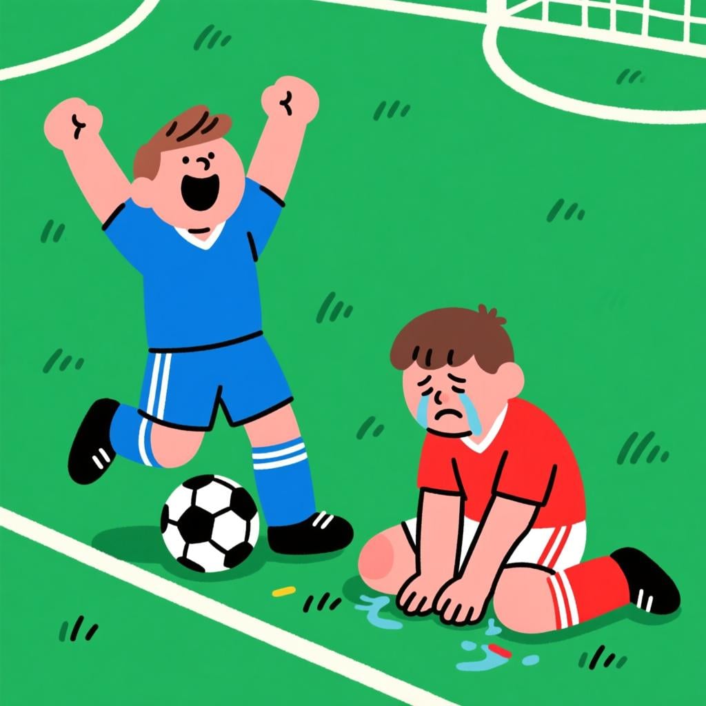 Two opposing soccer players on a green field. One player is jumping and cheering in victory, while the other player is sitting slumped on the ground, looking sad and defeated.