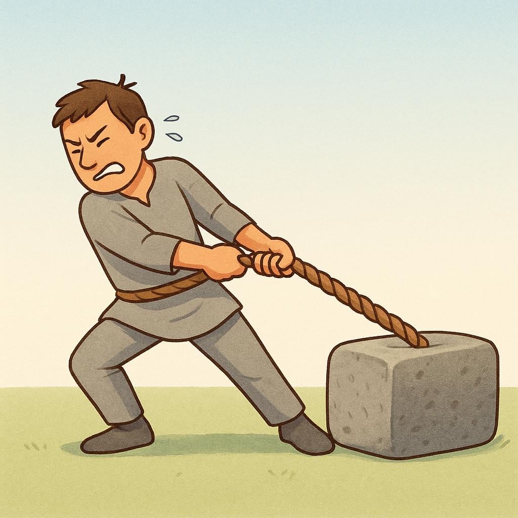 A figure wearing simple grey clothes is struggling to pull a thick rope tied to a heavy, immovable stone block, illustrating the condition of forced servitude.