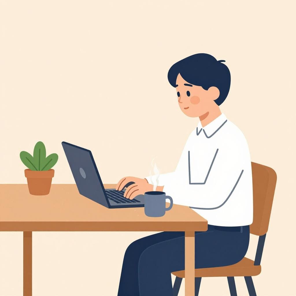 A person sitting at a desk with a laptop, focused on writing an article with a coffee mug nearby.