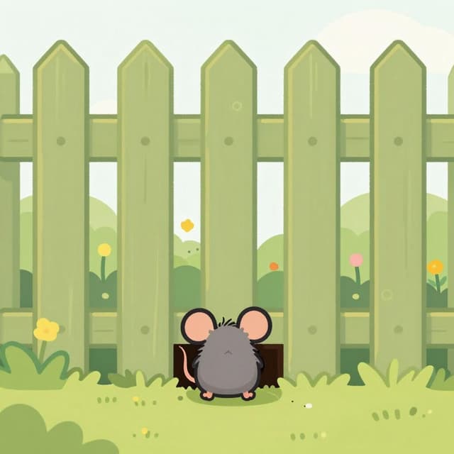 Eine kleine Maus, die geschickt durch einen winzigen Spalt in einem hohen Holzzaun schlüpft.