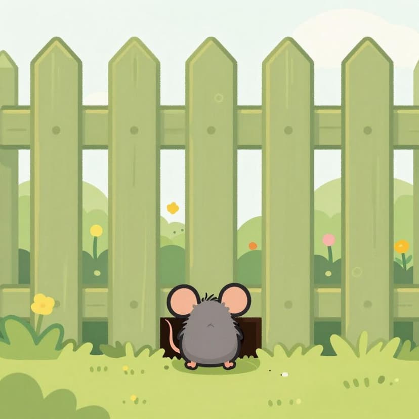 A small mouse cleverly slipping through a tiny gap in a tall wooden fence.