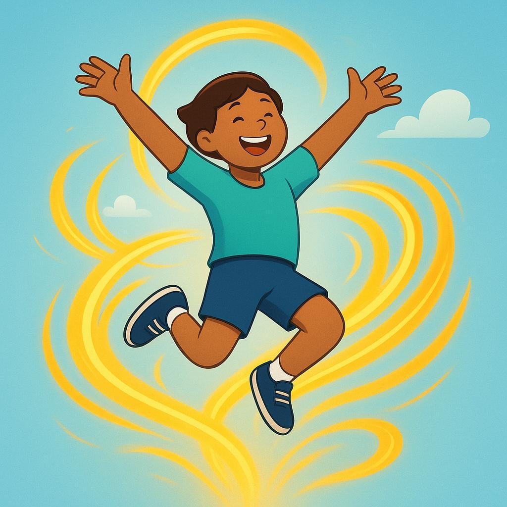 A cartoon-style illustration of a child jumping excitedly, radiating bright yellow and orange light to represent high personal energy and vitality.
