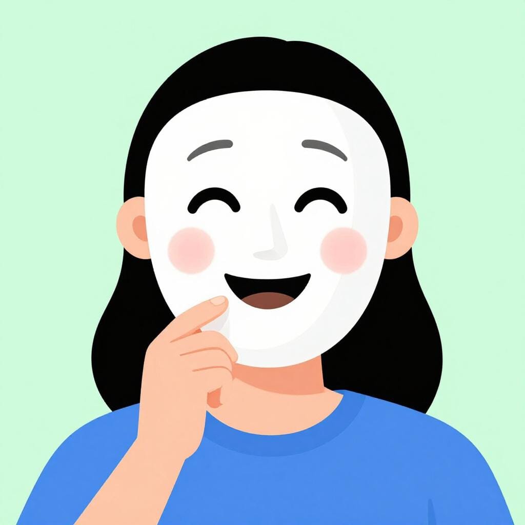 A person holding a smiling mask in front of their sad face.
