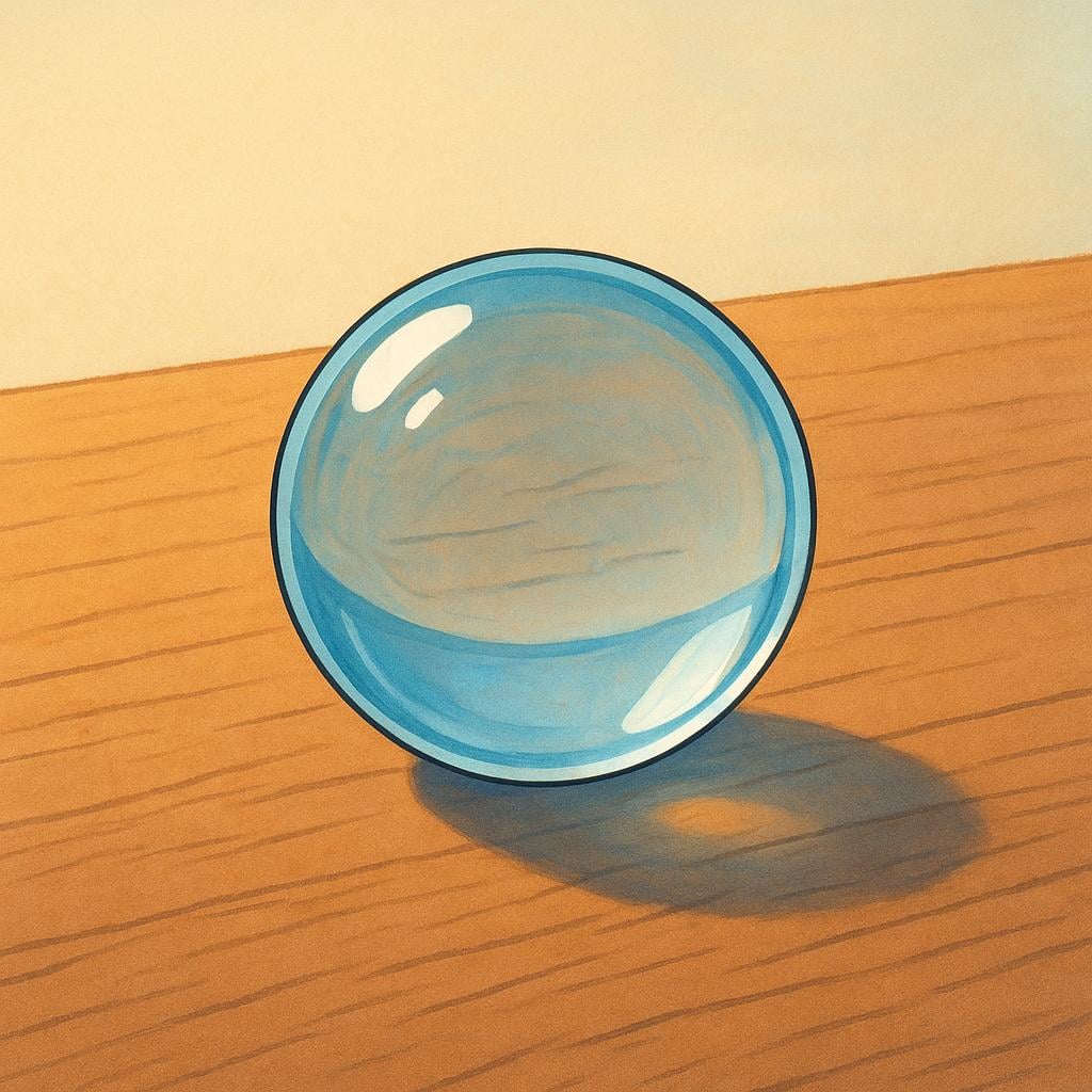 A crystal-clear glass marble resting on a wooden table, emphasizing its transparency.