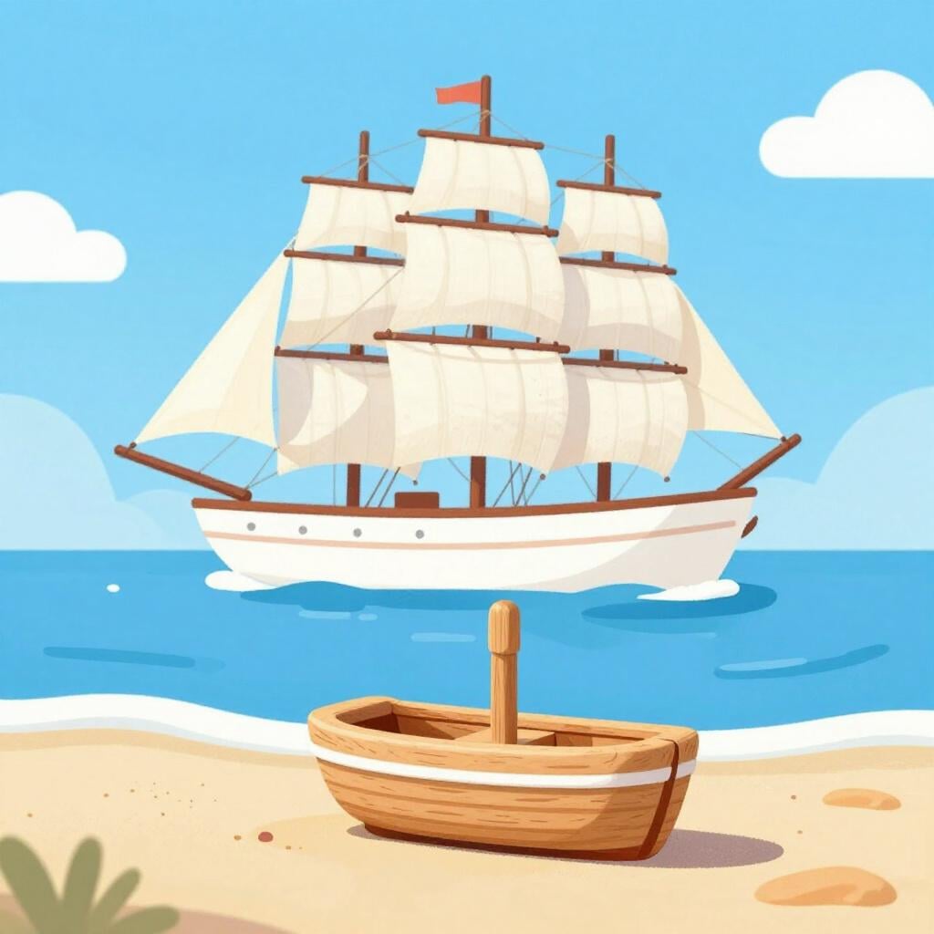 A small wooden toy boat sitting on the sand next to a large, majestic sailboat in the ocean.