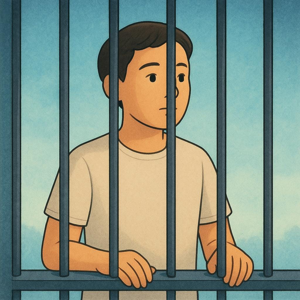 A simplified illustration of a person wearing plain clothes, looking out through the thick vertical metal bars of a jail cell.