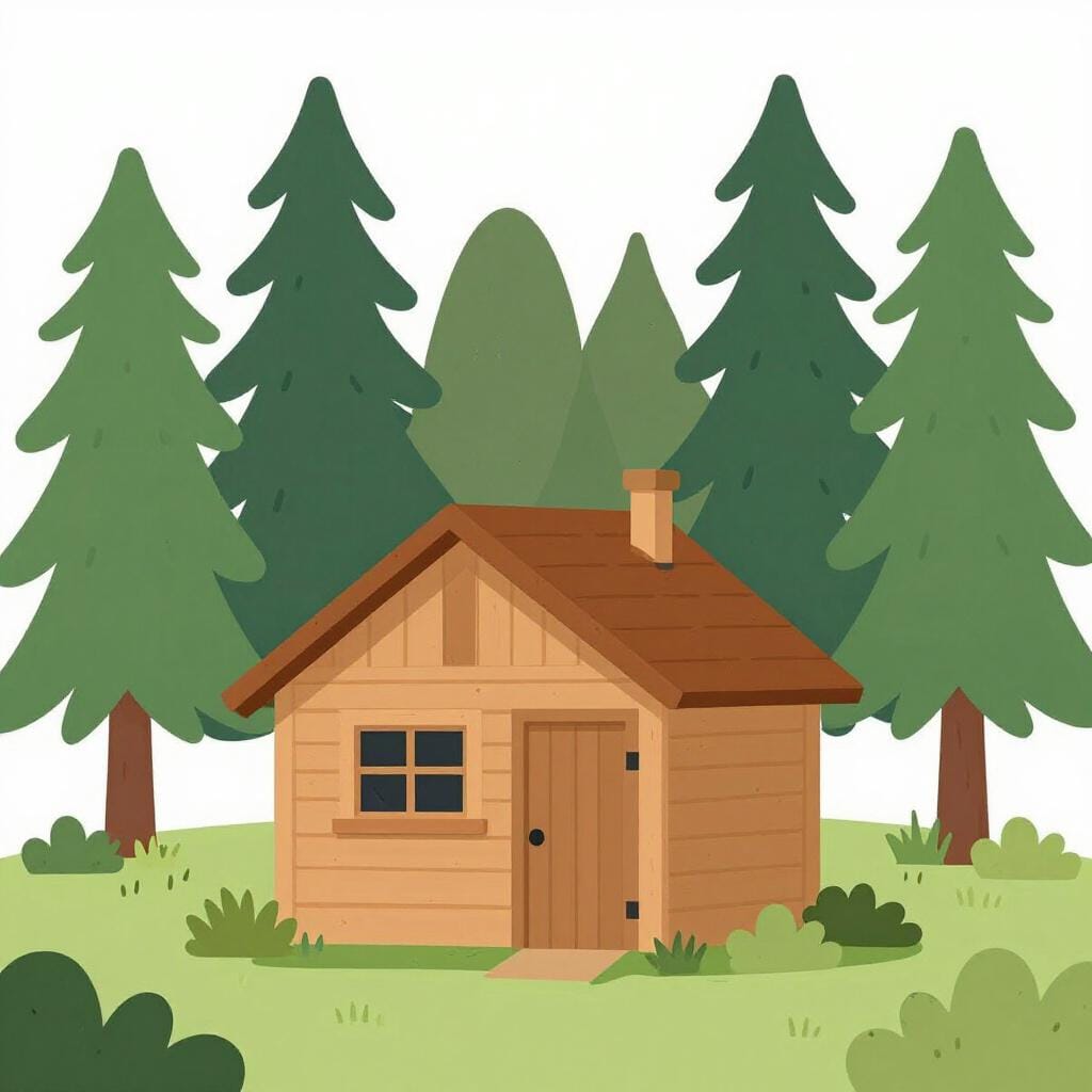 A small wooden cabin standing alone in a quiet, misty forest.