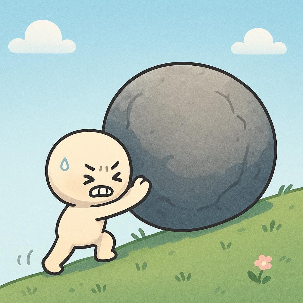 작고 만화 같은 인물이 약간의 경사를 따라 거대한 무거운 회색 바위를 밀려고 힘겹게 노력하는 모습.