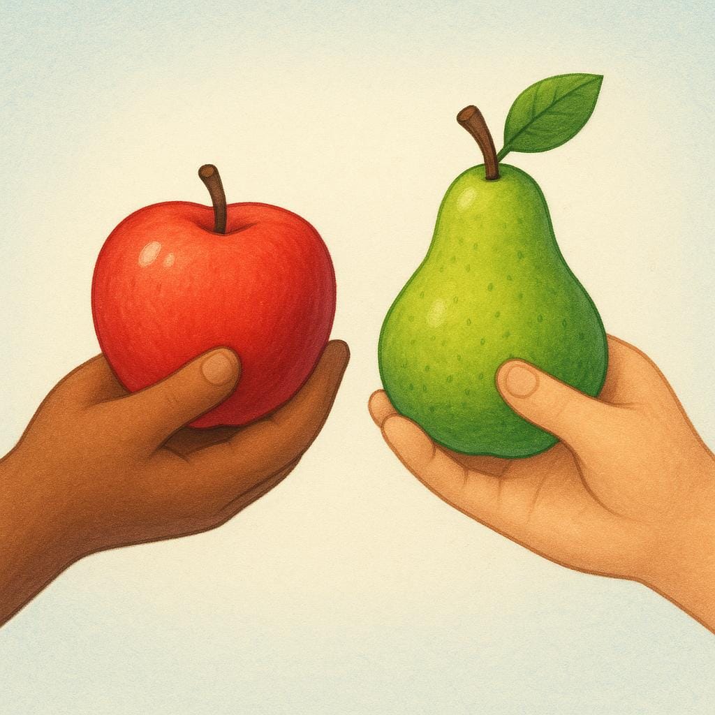 Twee handen die elkaar in het midden ontmoeten, waarbij één hand een rode appel geeft en de andere hand een groene peer ontvangt, wat een uitwisseling symboliseert.