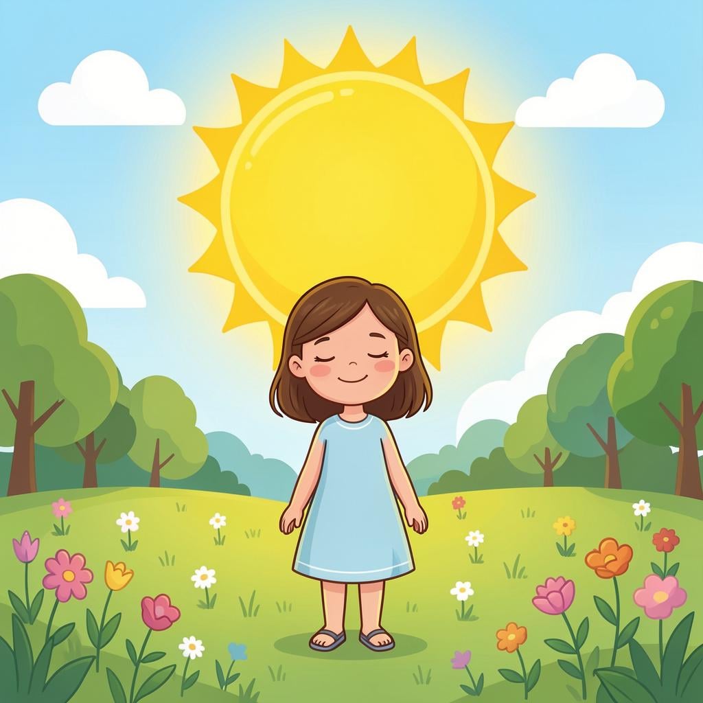 A girl with a happy expression and closed eyes feeling the warm sunlight on her face in a vibrant green field.