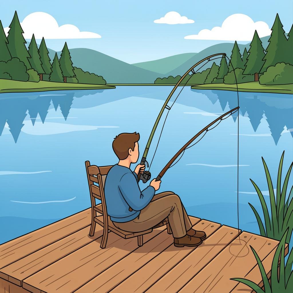 A person sitting on a wooden dock by a still lake, fishing with a simple rod under a clear sky.