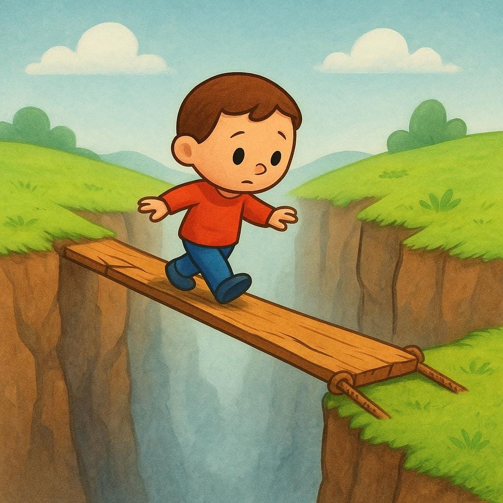 A small, nervous character cautiously attempting to walk across a very narrow, wobbly plank bridge suspended high over a deep canyon.