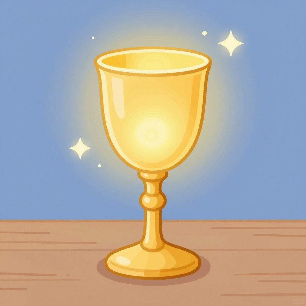 A golden cup glowing with soft light on a simple wooden table.