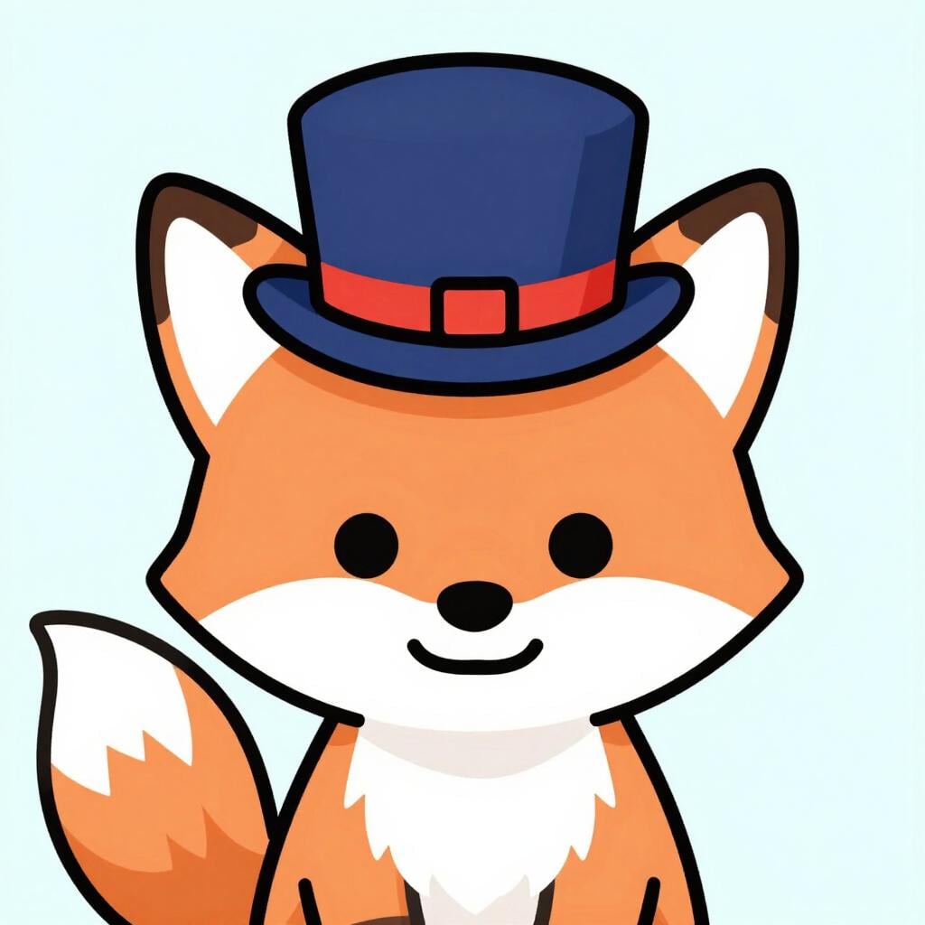 A simple illustration of a cartoon fox wearing a tiny, brightly colored, oversized bowler hat, suggesting amusement.