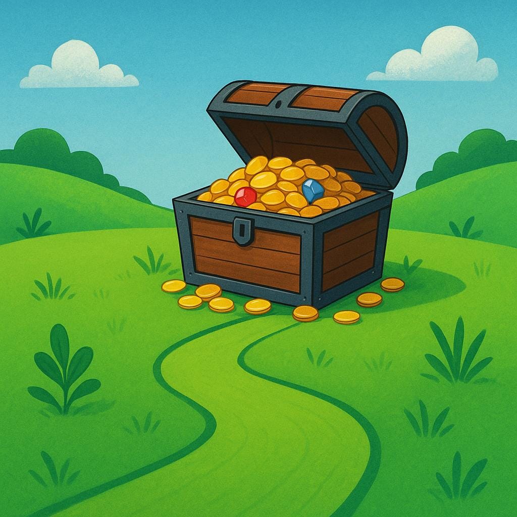 Um caminho sinuoso simples e verde brilhante que se estende do primeiro plano e termina diretamente em um grande baú de tesouro aberto cheio de moedas de ouro.