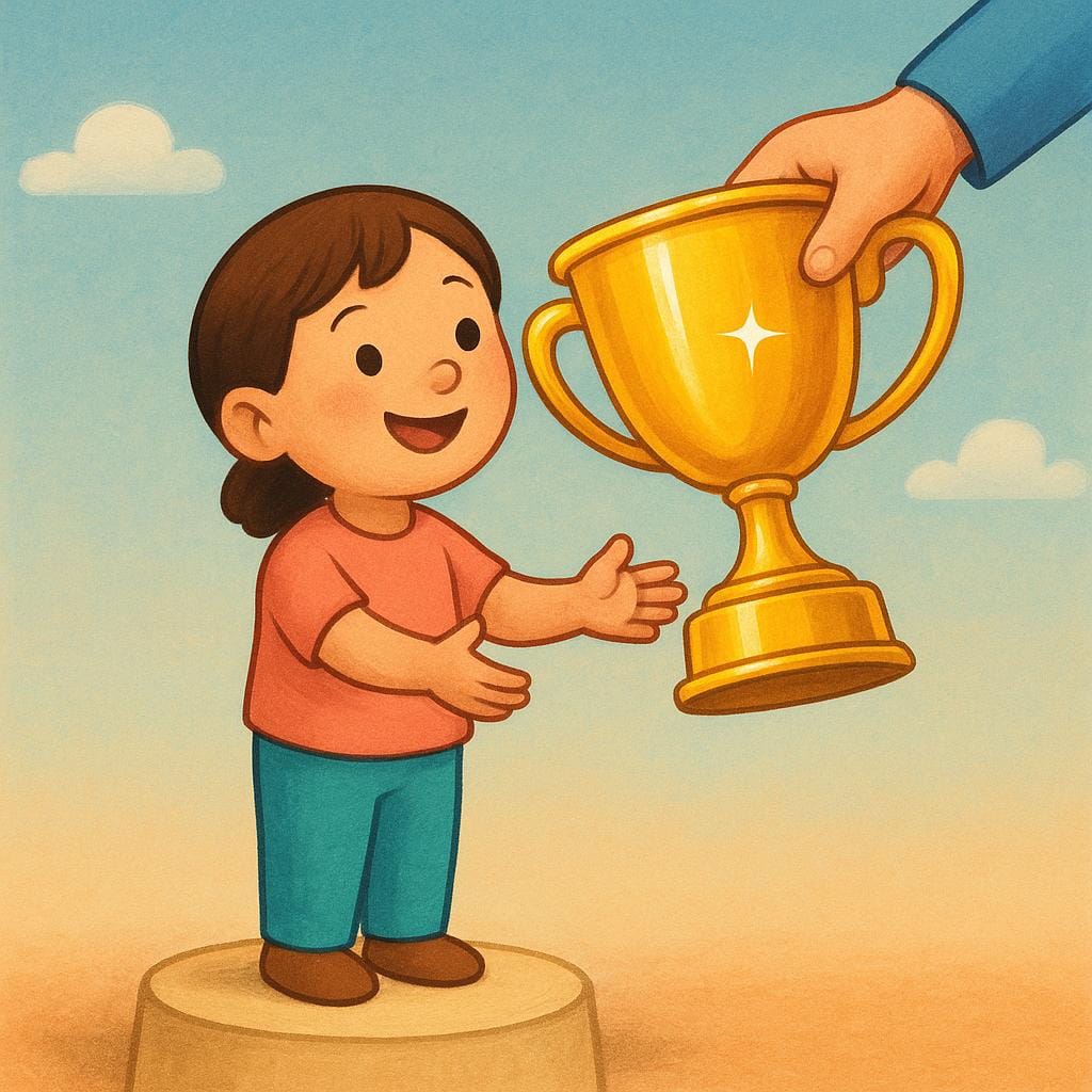 A smiling person standing on a small pedestal, receiving a brightly shining golden trophy from an unseen hand, symbolizing that they earned or deserved the reward.