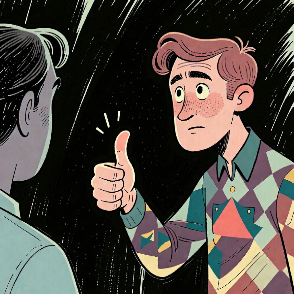 A person giving a thumbs-up and a nod to a friend, showing agreement or acceptance.