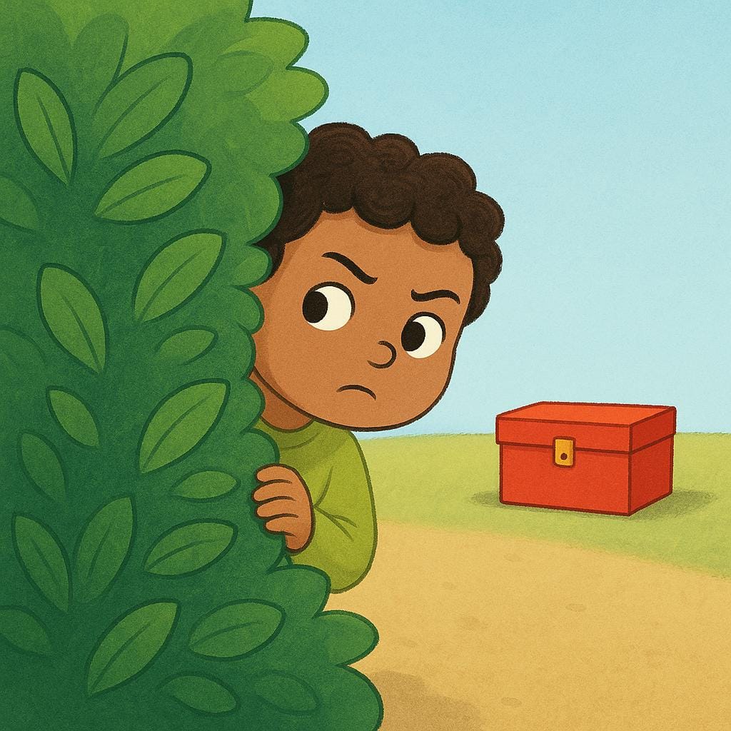 A child hiding behind a large green bush, peeking out with raised eyebrows and a suspicious expression directed at a closed red box sitting alone in the grass.