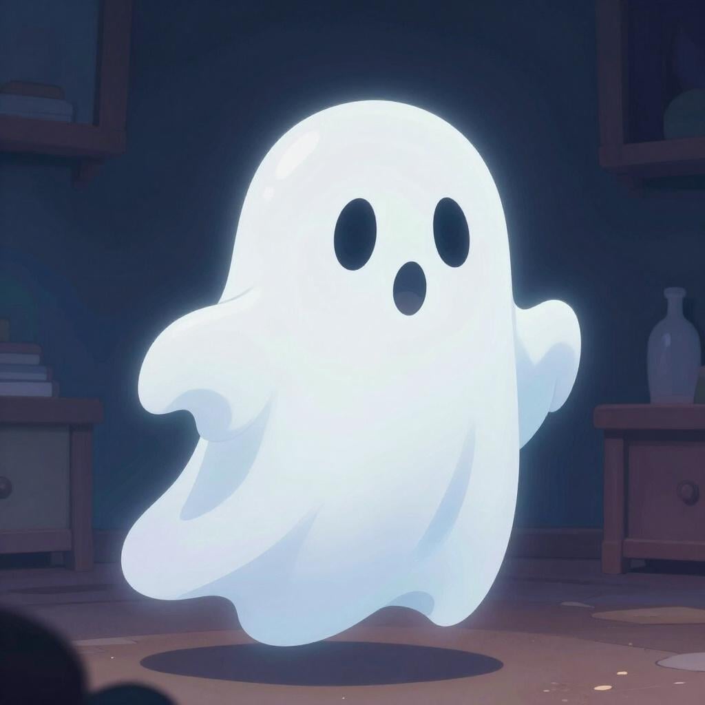 Un fantôme blanc translucide et amical flottant dans une pièce faiblement éclairée.
