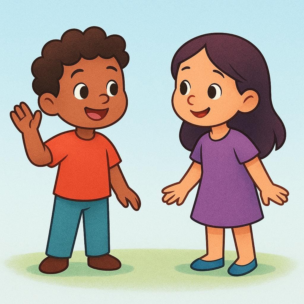 A simple illustration showing two friendly cartoon characters, one waving hello to the other.