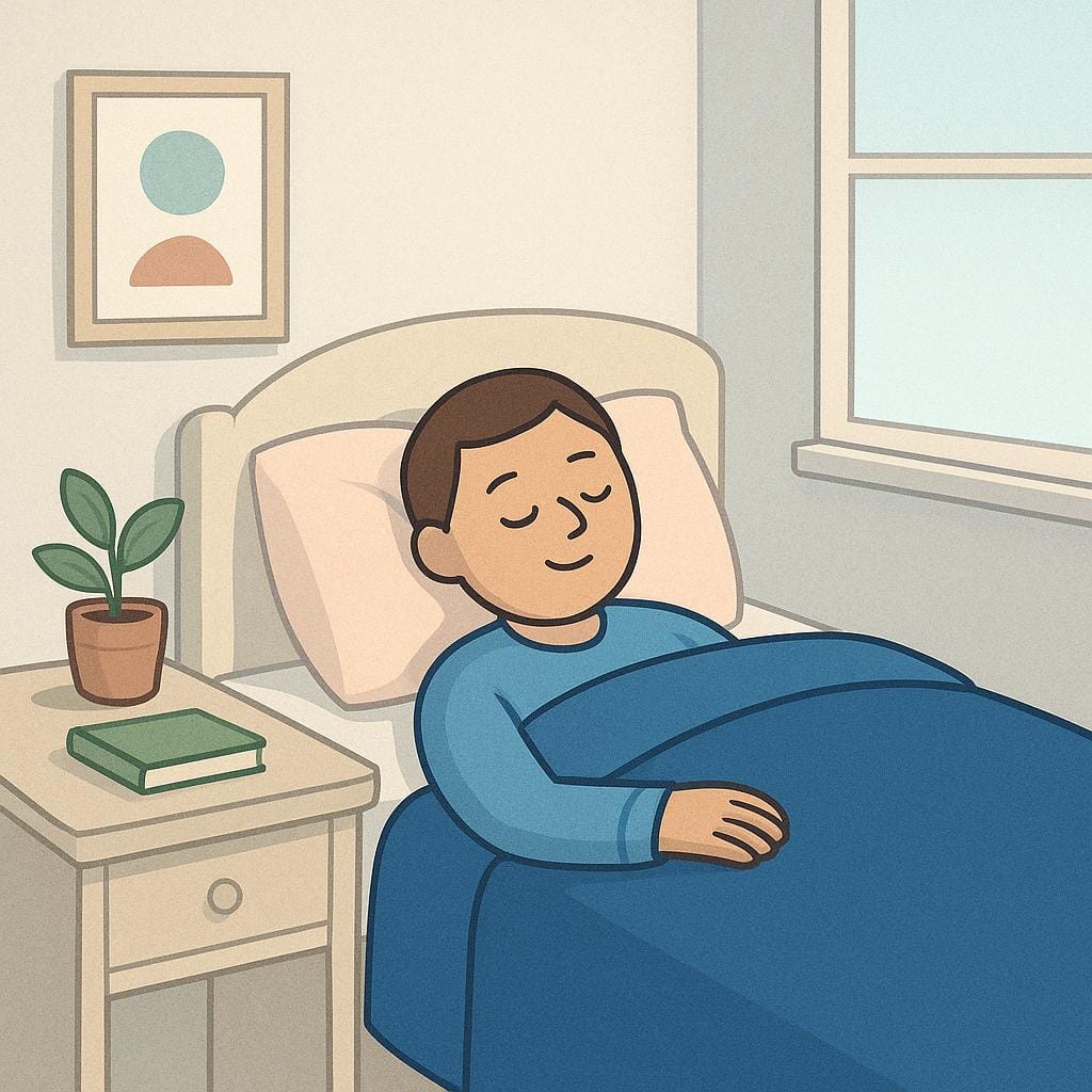 青い布団にくるまり、ぐっすり眠る準備ができている、簡略化された人物の絵本風イラスト。