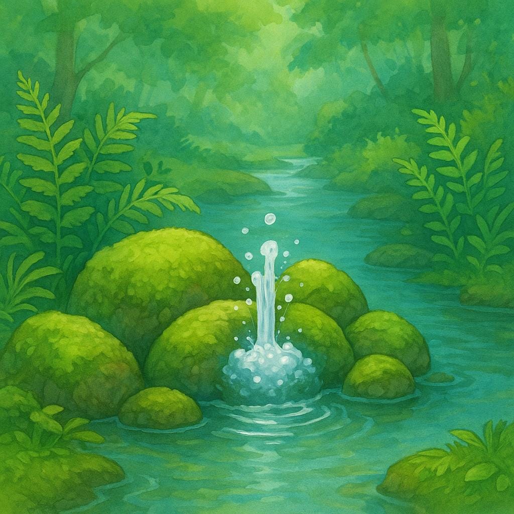 A small, clear spring of water bubbling up from mossy rocks at the very beginning of a stream in a lush, green forest.
