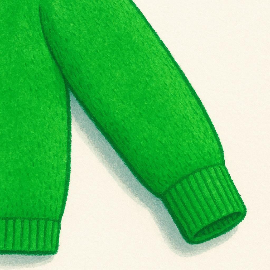 A close-up of a long sleeve on a colorful knitted sweater.