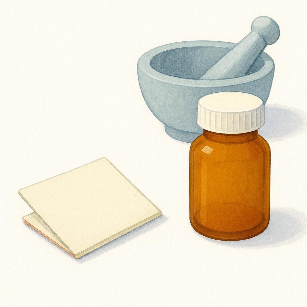 A small, folded piece of paper resting on a white counter next to a brown bottle of pills and a traditional mortar and pestle, suggesting a pharmacy setting.