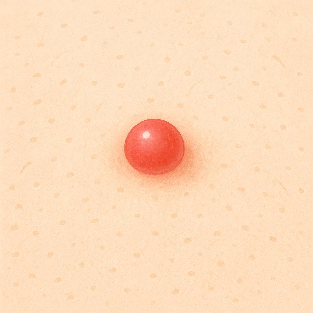 A magnified illustration of pale skin texture showing a single prominent red bump or pimple.