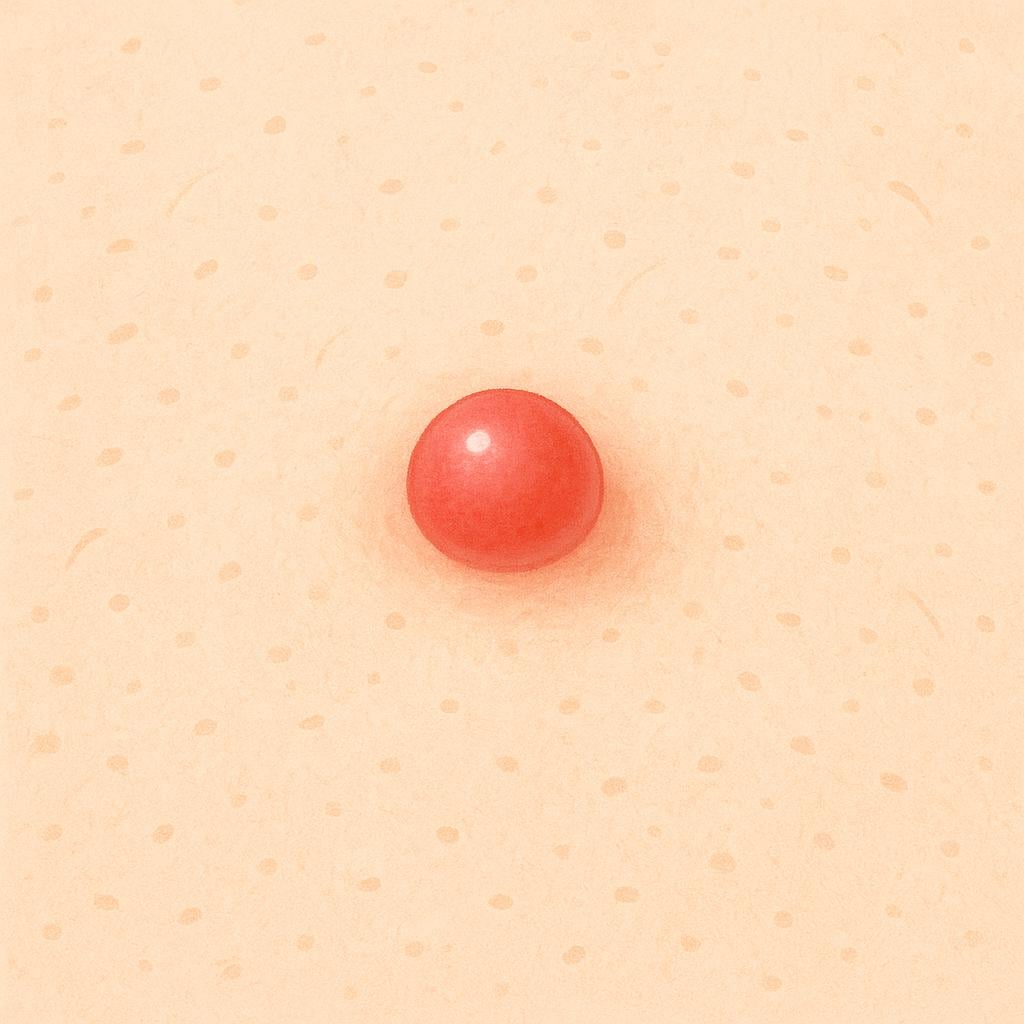 A magnified illustration of pale skin texture showing a single prominent red bump or pimple.