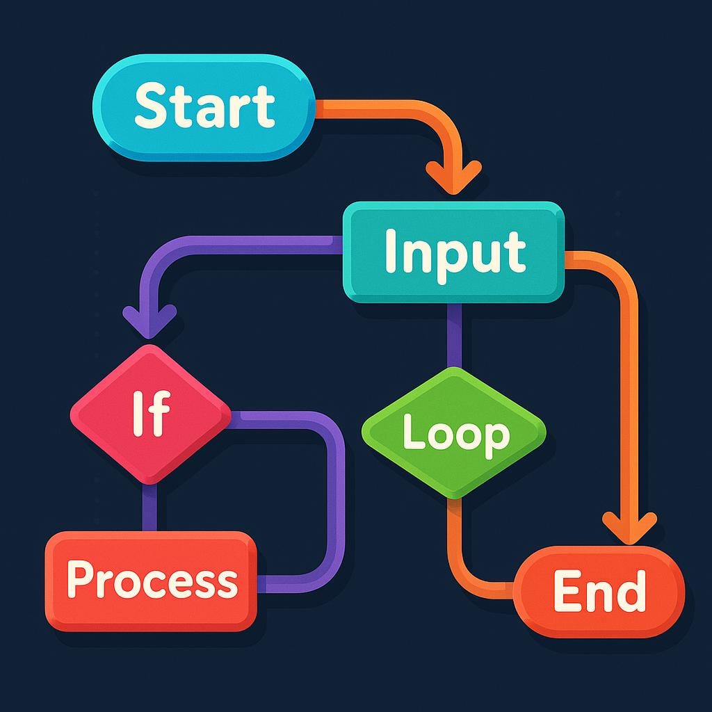 A simple diagram composed of interconnected colorful geometric blocks and arrows forming a structured path, representing programming instructions or source code.