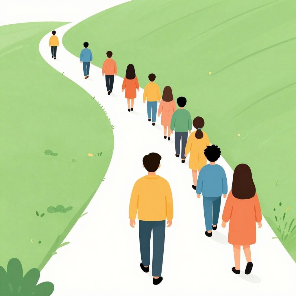 Een persoon die zelfverzekerd voorop loopt in een diverse groep mensen die hen over een pad volgen.