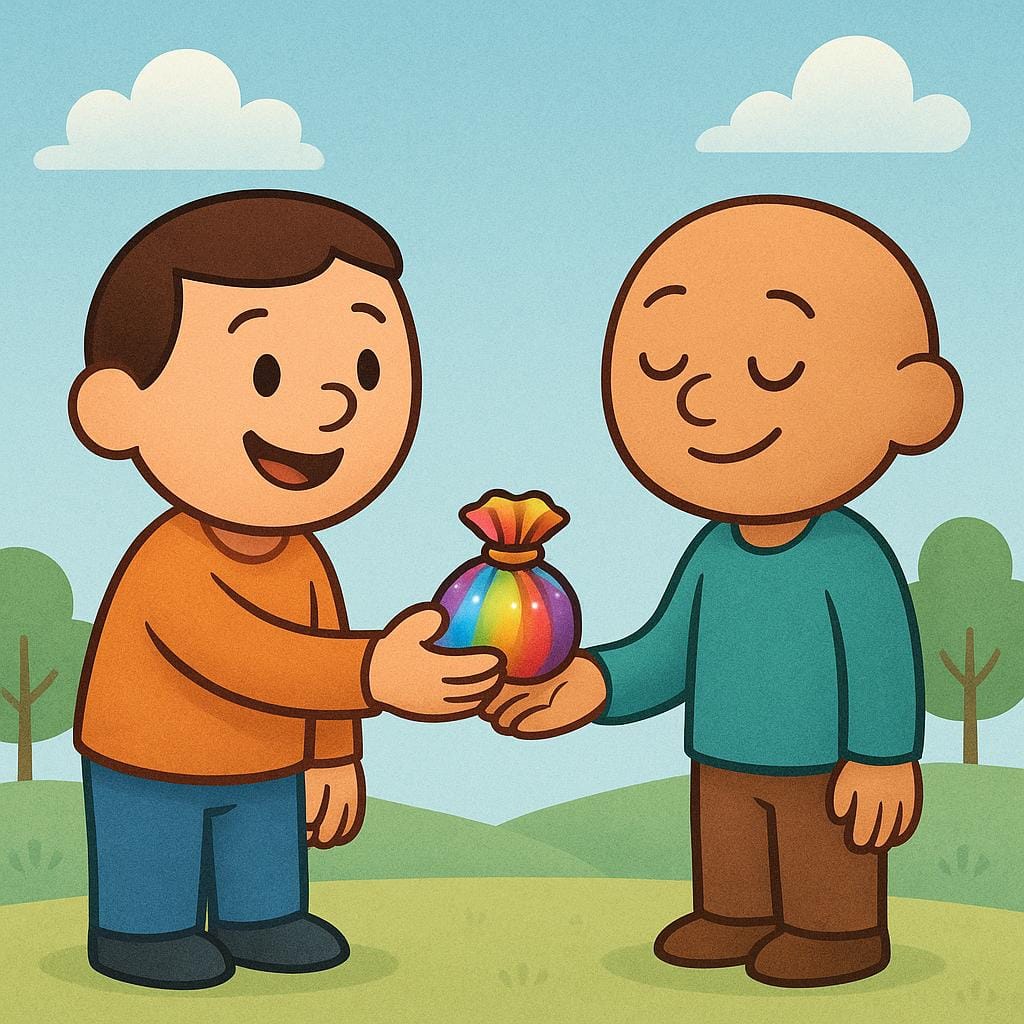 Two cartoon figures shaking hands warmly. One figure is holding a small, symbolic colorful sack which they are returning to the other figure, signifying the settling of a debt.