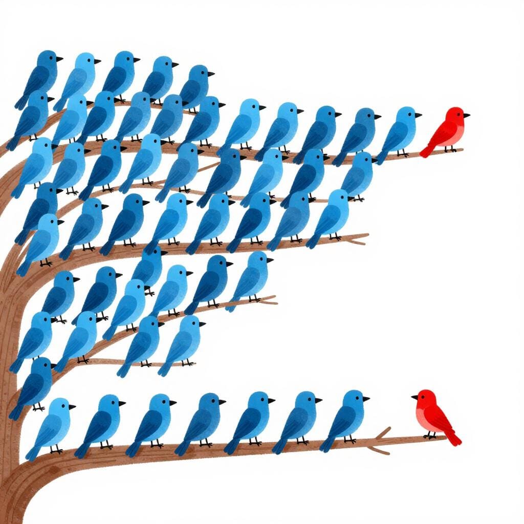 Un grand groupe d'oiseaux bleus sur une branche avec un seul petit oiseau rouge assis parmi eux.