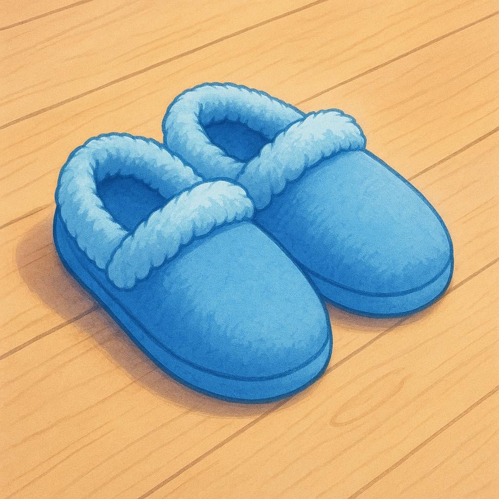 A cozy pair of soft, fluffy blue house slippers resting on a wooden floor next to a plush rug.